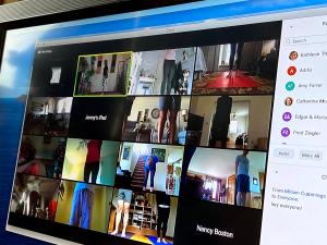 Zoom yoga class on the monitor